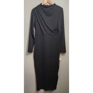 MIROL Women's MEDIUM long sleeve black Maxi dress Mock Neck Slit Business Casual